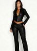 Leather Deep V Neck Cropped Jacket + Straight Leg Pants Two Piece Set, Sexy Tight Fitting Crop Top Outfit, Nightclub Sexy European And American Style._ecoleips.com