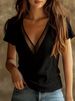 2026 European And American Cross Border Summer Sexy Mature Woman Mesh Splicing V Neck Slim Short Sleeved Knit Top For Women_ecoleips.com