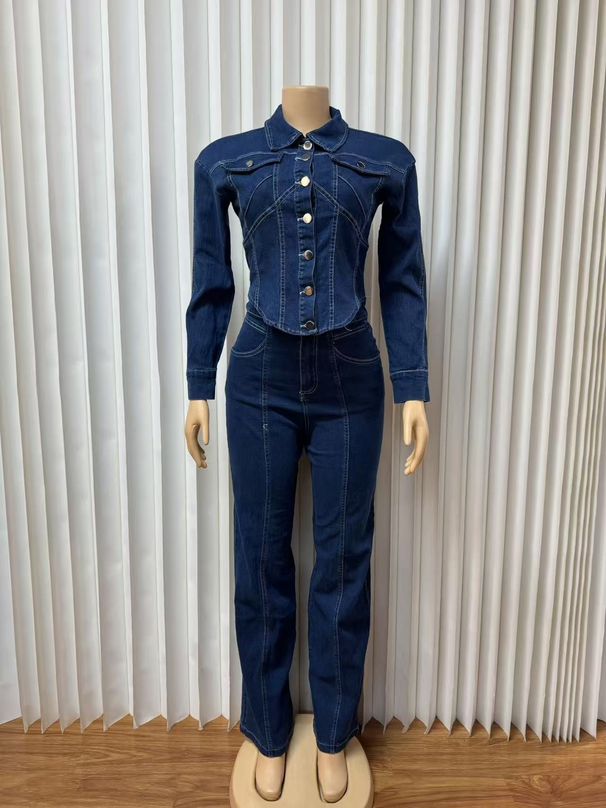 Women's Stylish Denim Set With Long Sleeve Shirt & Wide-Leg Pants – Trendy Two-Piece Outfit For Streetwear Lovers_ecoleips.com
