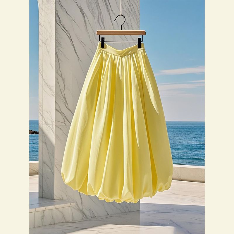 Women's Clothing High Waisted Slimming A Line Skirt High-Waisted A-Line Skirt – Spring Flowy Midi Skirt With Pleated Hem (Vibrant Yellow, S-XL)_ecoleips.com