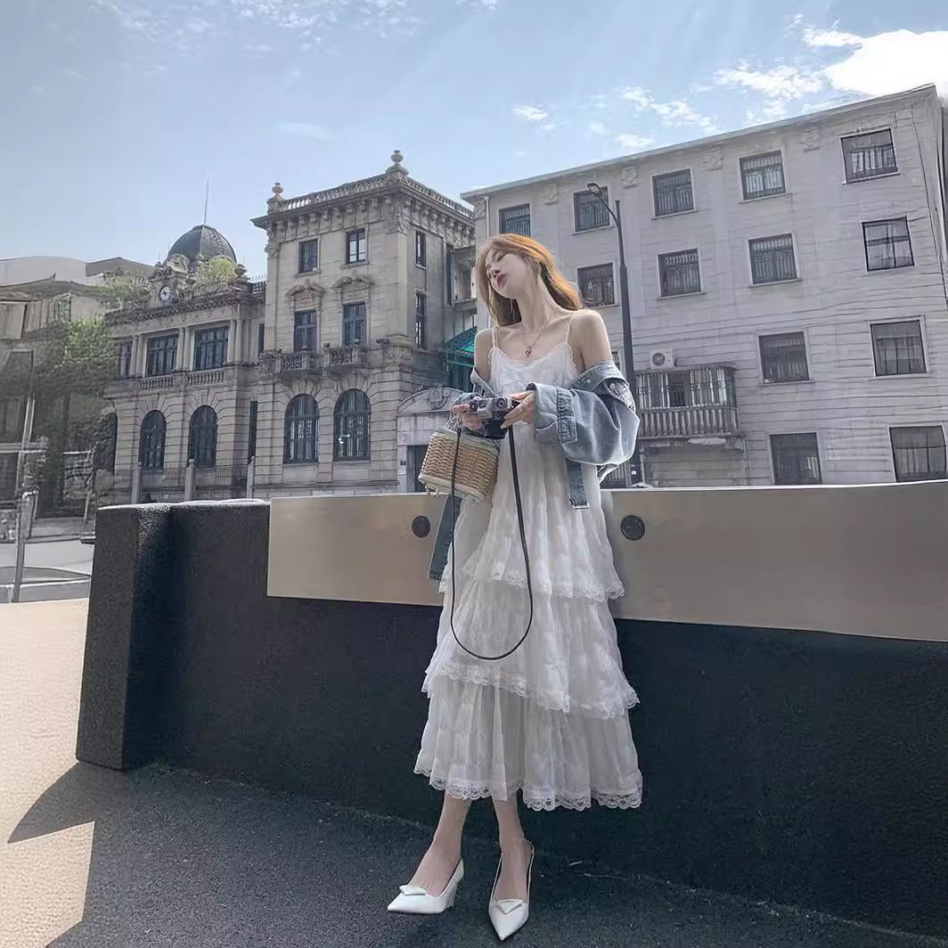 Pure Desire Style White Strap For Women, New Spring/Summer Beach Vacation Elegant Draped Sweet Long Dress_ecoleips.com
