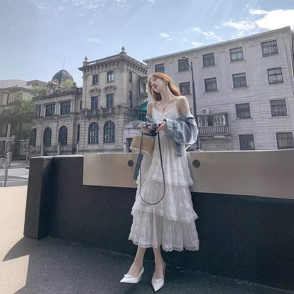 Pure Desire Style White Strap For Women, New Spring/Summer Beach Vacation Elegant Draped Sweet Long Dress_ecoleips.com