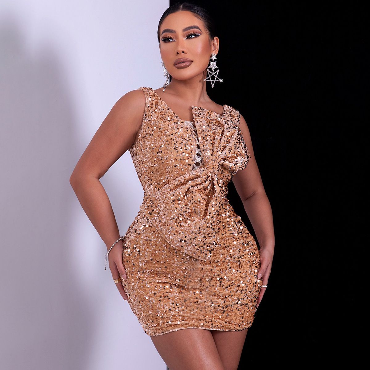 Verve Women's Fashion New V-neck Bow Sequin Bodycon Short Party Gown Dress For Women_ecoleips.com