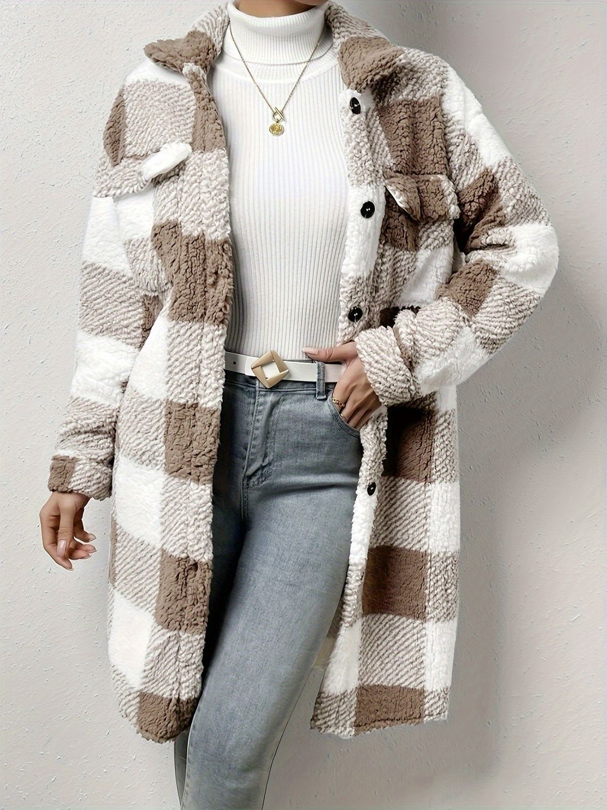 Women's Long Plaid Fleece Double-Faced Coat With Turn-Down Collar & Button Front – Casual Loose Fit For Autumn & Winter_ecoleips.com