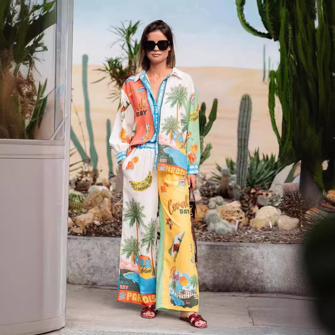 Women's Clothing fashion personality printed linen color matching holiday leisure tether suit_ecoleips.com
