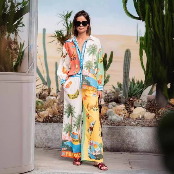 Women's Clothing fashion personality printed linen color matching holiday leisure tether suit_ecoleips.com