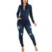 Distressed Denim Jumpsuit – Stretchy Slim-Fit Long Sleeve Romper With Raw Hem Details (S-2XL, Dark Blue, Streetwear Staple)_ecoleips.com