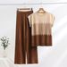 Fashion Suit Casual Contrast Color Round Neck Three Quarter Sleeve Knit Sweater High Waist Slim Wide Leg Pants Trousers Two Piece Suit_ecoleips.com
