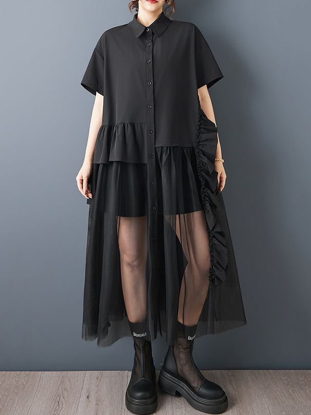2026 Summer New Patchwork Mesh Shirt Dresses For Woman Short Sleeve Loose Casual Vintage Ladies Dress Fashion Elegant Clothing_ecoleips.com