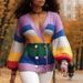 Women's Clothing Striped Color-Block V-Neck Cardigan – Oversized Polyester-Acrylic Blend Knit, Long-Sleeve Open Front Sweater(Violet, XXS-XXL)_ecoleips.com