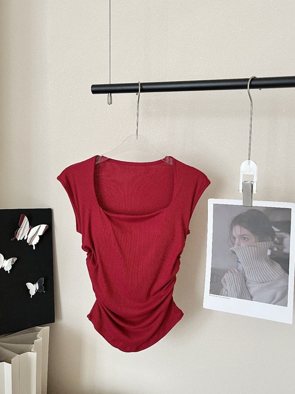 Women's Clothing New Sleeveless Vest Slim Back Paper Thin Shoulder Cut Slim Fitting Square Neck T Shirt Versatile Top With Chest Pad For Women_ecoleips.com