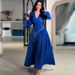 European And American Women's Clothing Large Size New Elegant Temperament Round Neck Long Sleeve Solid Color Ruffled Beaded Pleated Dress_ecoleips.com