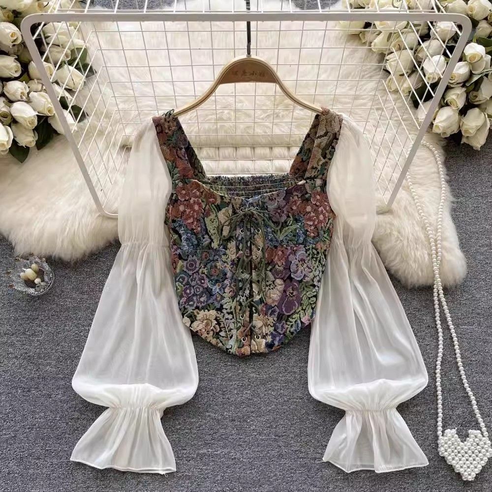 Women's Square Neck Top with Puff Sleeve Short Shirt Unique Design Niche Style Pure Alluring Oil Painting Print Mesh Patchwork_ecoleips.com