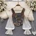 Women's Square Neck Top with Puff Sleeve Short Shirt Unique Design Niche Style Pure Alluring Oil Painting Print Mesh Patchwork_ecoleips.com