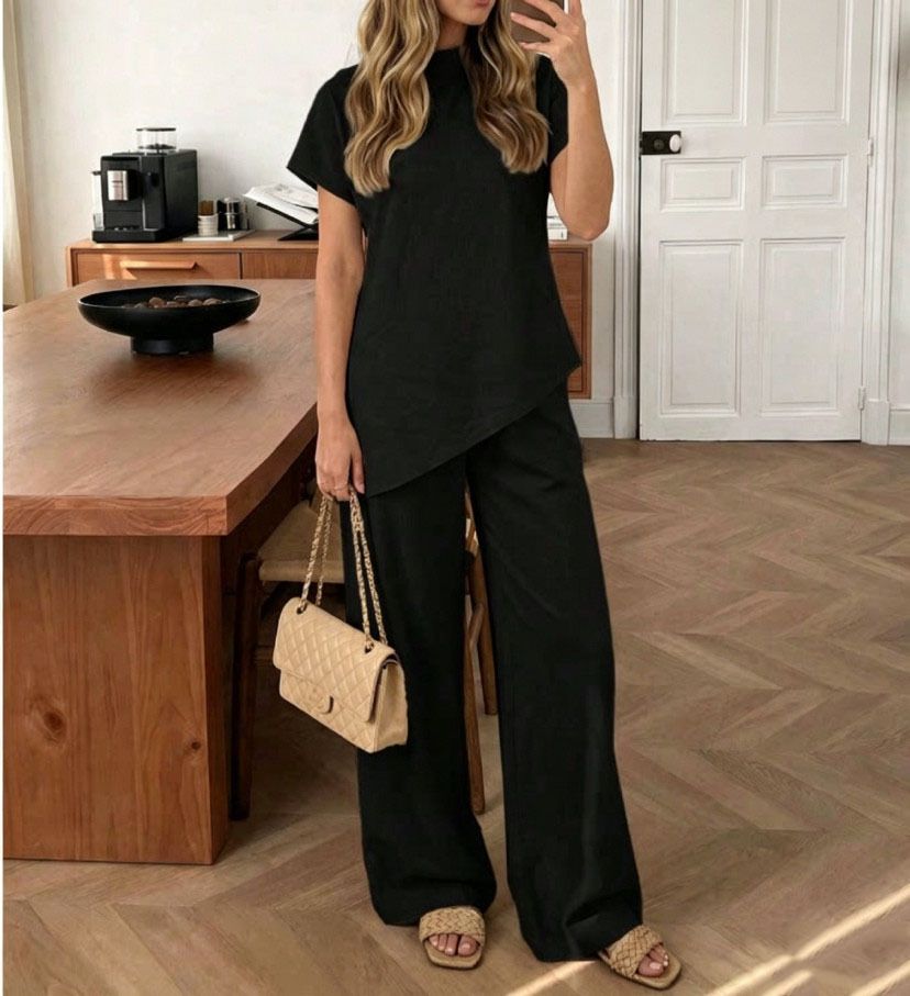 Women's European American Style Two Piece Set Short Sleeved Stand Collar Shirt & Solid Color Wide Leg Trousers Loose Waist Summer Outfit_ecoleips.com