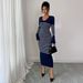 Women's Clothing Elegant Striped Midi Dress High Waist Slim Fit Long Sleeve Work Dress Wrinkle-Free Polyester(White/Navy/Black/Khaki/Beige, S-XL_ecoleips.com