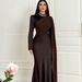 Women's Clothing Modest Abaya Dress Elegant Slim-Fit Long Sleeve Evening Dress – Rhinestone & Chain Detail A-Line Gown (White/Black/Red/Burgundy)_ecoleips.com