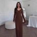 Elegant Long-Sleeve Knit Dress – Low Round Neck Bodycon Dress, Cotton-Polyester Blend, Fall Staple For Date Nights & Office (Rose Pink, Coffee Brown)_ecoleips.com