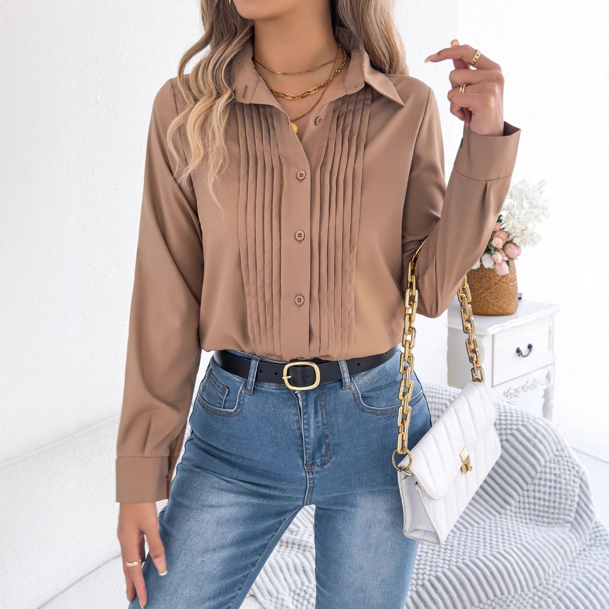 2026 Spring Summer European And American Elegant Pleated Solid Color Button Long Sleeve Commuter Shirt Independent_ecoleips.com