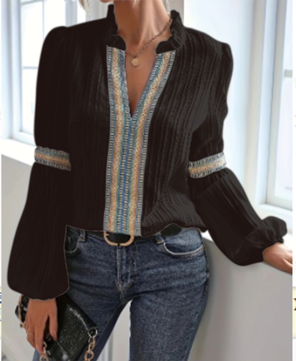 Women's Clothing Women's V Neck Top Lace Trim Lantern Sleeve Solid Color Fashion For Formal & Casual For Women_ecoleips.com