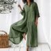 Walmart European And American Solid Color Casual Long-sleeve Mid-length Cotton-linen Shirt Jumpsuit_ecoleips.com