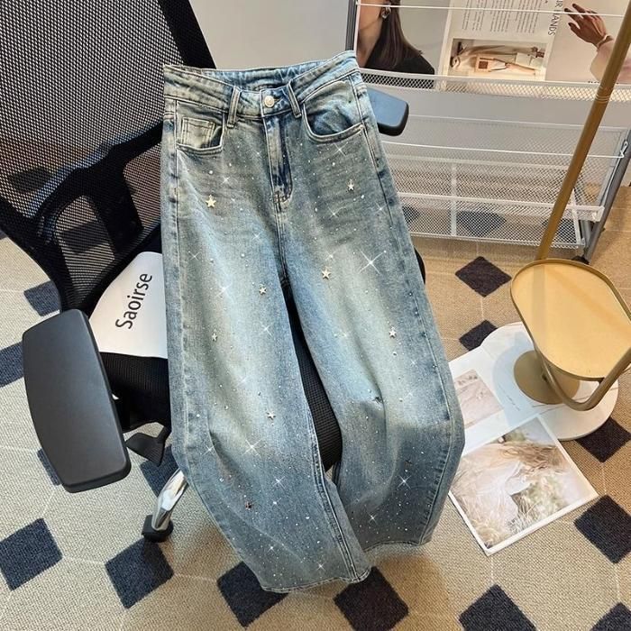 Women's Clothing Diamond Star Pendant Design High Waist Spring Washed Jeans For Women Loose Slim All Match Straight Pants_ecoleips.com