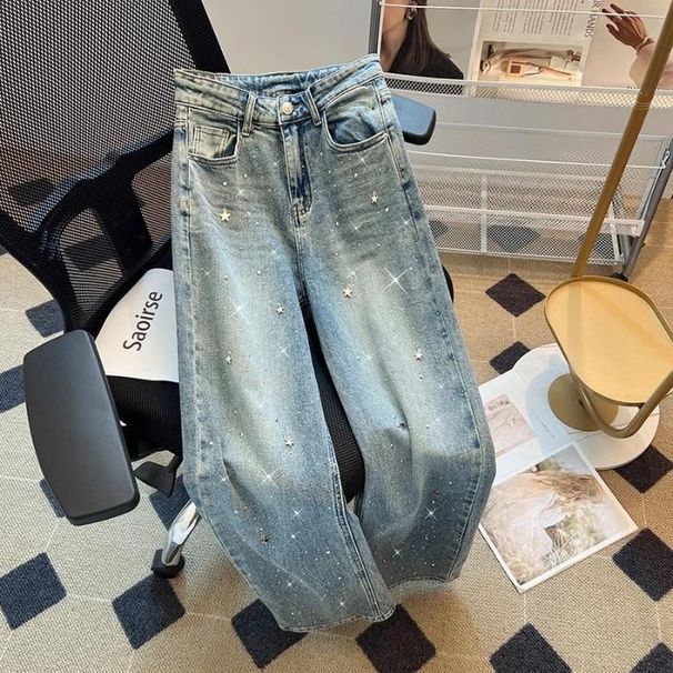 Women's Clothing Diamond Star Pendant Design High Waist Spring Washed Jeans For Women Loose Slim All Match Straight Pants_ecoleips.com