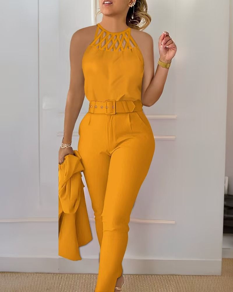 Women's Clothing New Fashion Tops Solid Color Pants Set Two piece Set with Belt_ecoleips.com