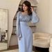 Women's Solid Color Pleated Silk Bodycon Dress Square Neck Flared Sleeves Patchwork Cross Border Sweet Style Clothing_ecoleips.com