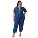 Plus Size Women's Summer Jumpsuit Short Sleeved Zipper Fashion Washed Denim_ecoleips.com