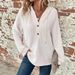 Women's Hooded Waffle Knit Drawstring Button V Neck Long Sleeved Pullover Casual Sports Sweatshirt_ecoleips.com