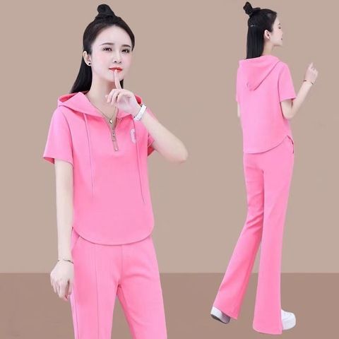 Women's Clothing Short Sleeved Sports Suits Women's Casual Two-Piece Outfit - Trendy Short Sleeve Top & Wide Leg Pants Set (Blue, Pink, Gray, White)_ecoleips.com