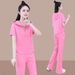 Women's Clothing Short Sleeved Sports Suits Women's Casual Two-Piece Outfit - Trendy Short Sleeve Top & Wide Leg Pants Set (Blue, Pink, Gray, White)_ecoleips.com
