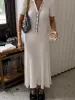 Tossy White Knit Fashion Maxi Dress For Women Short Sleeve Patchwork Elegant Party Dress Lapel High Waist Knitwear Women's Dress_ecoleips.com