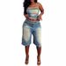 Women's Fashion Frayed Edge Tube Top High-Waisted Denim Shorts Set American Style Spring/Summer Pant Set_ecoleips.com