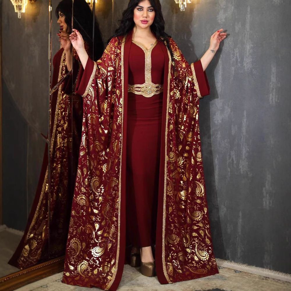 Z279 Dubai Muslim Saudi Gold Foil Two-Piece Evening Women's Robe Dress Abaya_ecoleips.com