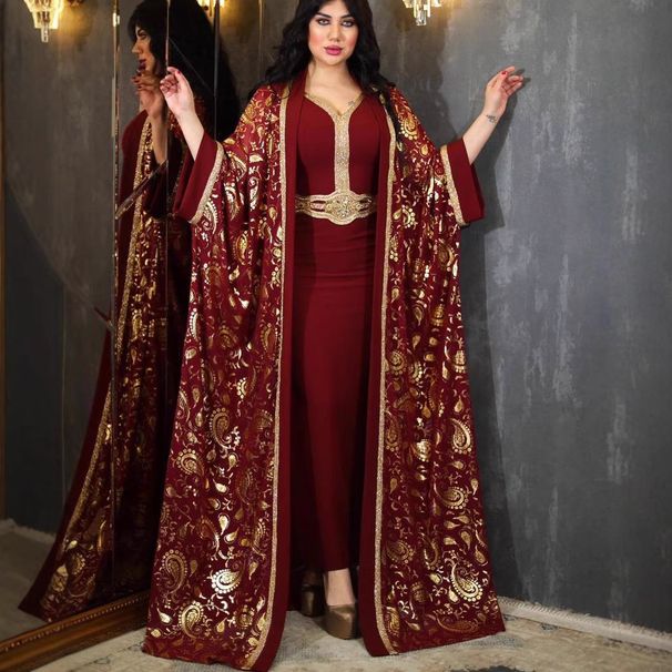 Z279 Dubai Muslim Saudi Gold Foil Two-Piece Evening Women's Robe Dress Abaya_ecoleips.com