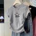 Women's Slim Fit round Neck Short Sleeve T-Shirt Petite Fashionable Printed Top Straight Shoulder Summer New Style_ecoleips.com