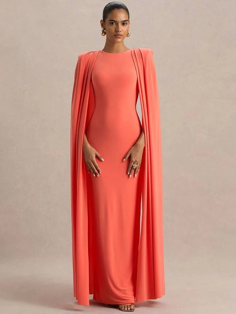 Blifanbo Sexy Cape Sleeve Maxi Dress Women Gown Fashion O Neck High Waist Split Zipper Club Party Long Dresses Female Elegant_ecoleips.com