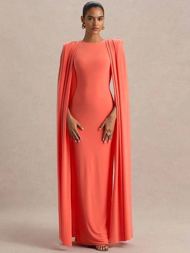Blifanbo Sexy Cape Sleeve Maxi Dress Women Gown Fashion O Neck High Waist Split Zipper Club Party Long Dresses Female Elegant_ecoleips.com