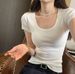 Skinny Short-sleeved T-shirt Women's Front Shoulders Big U-neck Exposed Collarbone Casual Versatile And Thin Short Top Spice Girl Sexy T-shirt_ecoleips.com