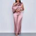 Women's Satin Lounge Set Asymmetrical Short Sleeve Top Wide-Leg Pants Rose Pink Sage Green Lavender S-3xl_ecoleips.com