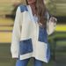 Women's Clothing Fashion Loose Knit Cardigan Sweater Coat With Patchwork Design, Casual Long Sleeve Open Front V-Neck, Comfortable Polyester Blend_ecoleips.com