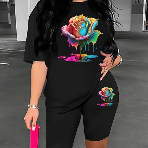 Summer Women's Casual Fashion Rose Graphic Print Loose T-shirt+shorts Two-piece Sportswear Suitable For Daily Wear-63_ecoleips.com