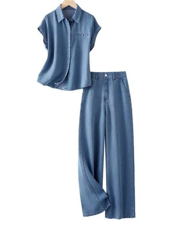 Women’s Clothing Shirt Jeans Two Piece Suit Female Summer New Waistcoat Short Sleeved Straight Trousers Suit Female_ecoleips.com