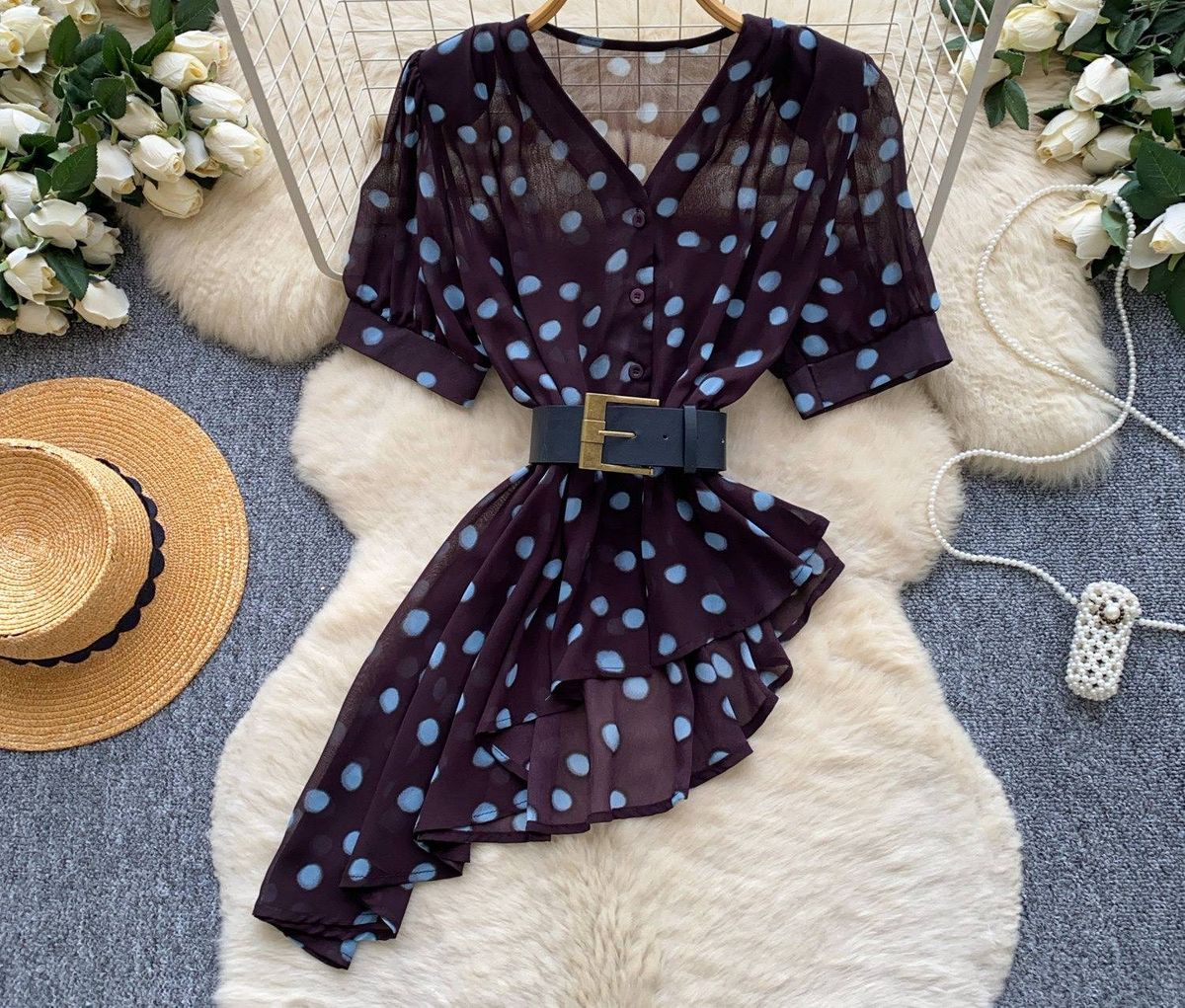 Women's French Style Green Polka Dot V Neck Shirt Korean Summer Short Sleeved Fitted Waist Tie Top Slimming Stylish_ecoleips.com