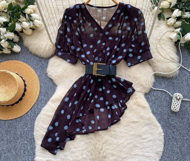 Women's French Style Green Polka Dot V Neck Shirt Korean Summer Short Sleeved Fitted Waist Tie Top Slimming Stylish_ecoleips.com
