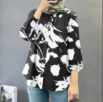Women Islamic Hijab O Neck Shirts Muslim Fashion Long Sleeve Button Up Blouses Casual Floral Printed Holiday Tunic Tops_ecoleips.com