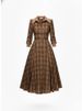 Freeacy Women's Brown Plaid Turn-Down Collar High Waist Long Sleeve Flared Midi Dress 2026 Spring Fashion Retro Party Dresses_ecoleips.com