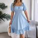 Real Shot Of 2026 Spring/Summer European And American Casual Square-neck Short-sleeve Waist-cinching Ruffle A-line_ecoleips.com